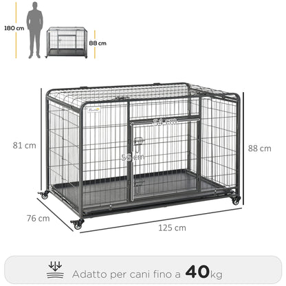 Kennel Gabbia per Cani Pieghevole a Doppia Porta con Blocco, Box per Cani con 4 Ruote con Freno e Fondo Rimovibile, 125x76x81cm, Grigio Scuro