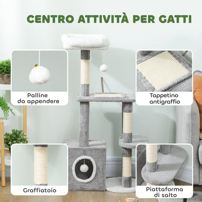 Albero Tiragraffi per Gatti con Casetta, Lettino e 2 Palline, in Legno e Peluche, 55x40x107 cm, Grigio e Bianco