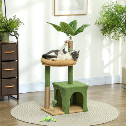Albero Tiragraffi per Gatti con Casetta, Lettino e 2 Palline, in Legno e Poliestere, 44x30x98 cm, Verde e Marrone