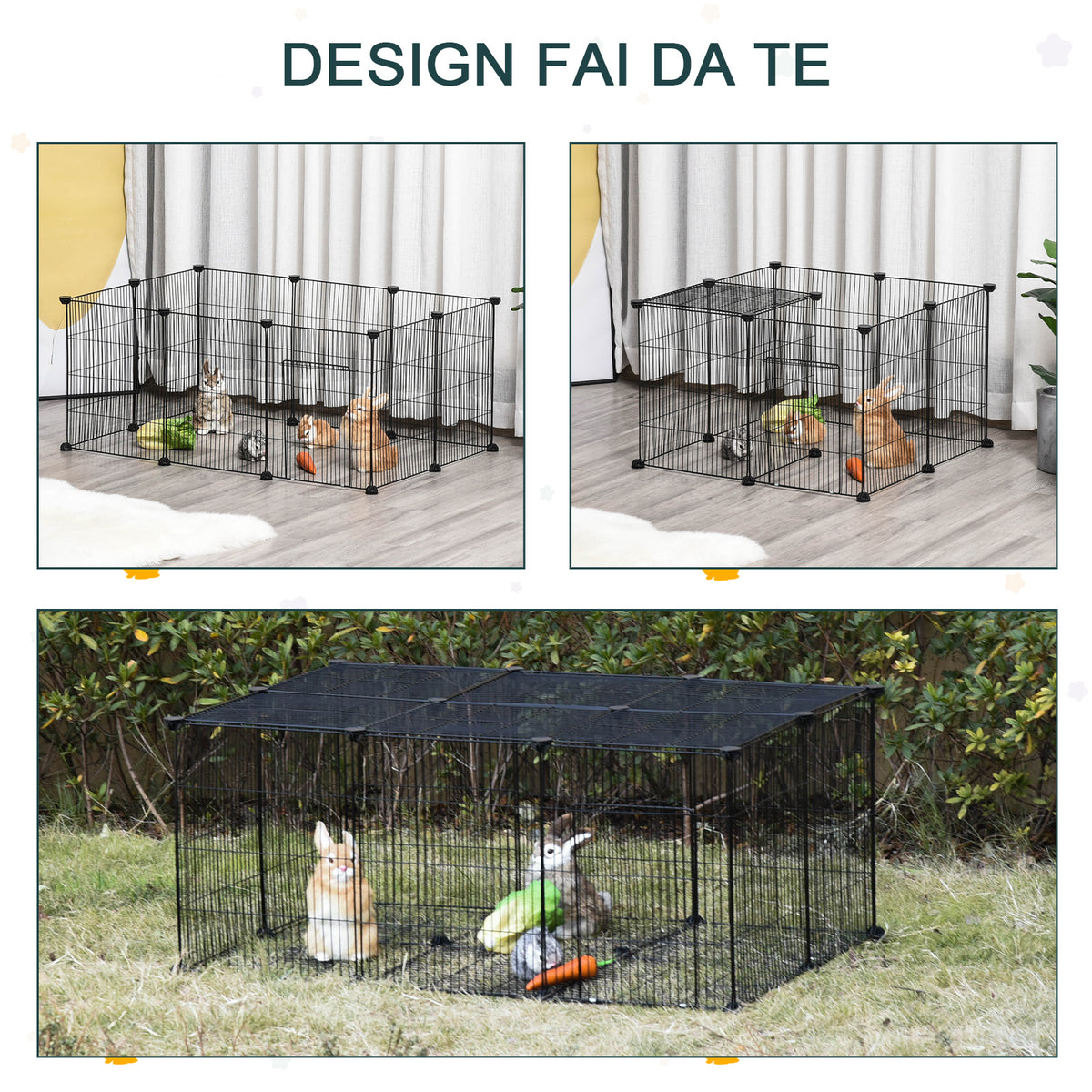 Gabbia per Conigli e Piccoli Animali, 22 Pannelli Modulabili in Metallo con Porta, Nero, 105 x 70 x 45cm