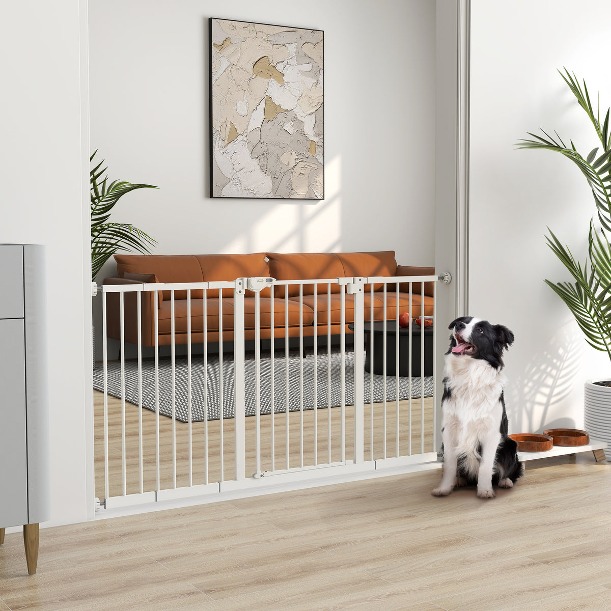Cancellino per Cani a 3 Estensioni con Larghezza Regolabile 74-148 cm e Chiusura Automatica, Bianco