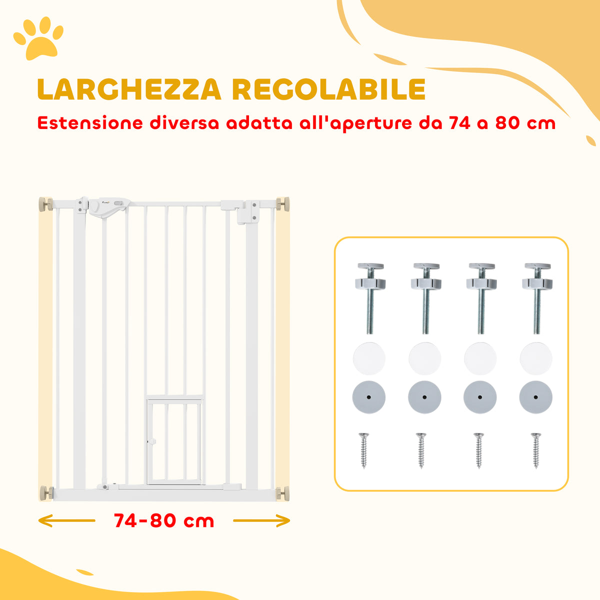 Cancelletto per Cani con Porta Piccola, Montaggio a Pressione e Chiusura Automatica, 74-80x91.4cm, Bianco