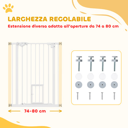 Cancelletto per Cani con Porta Piccola, Montaggio a Pressione e Chiusura Automatica, 74-80x91.4cm, Bianco