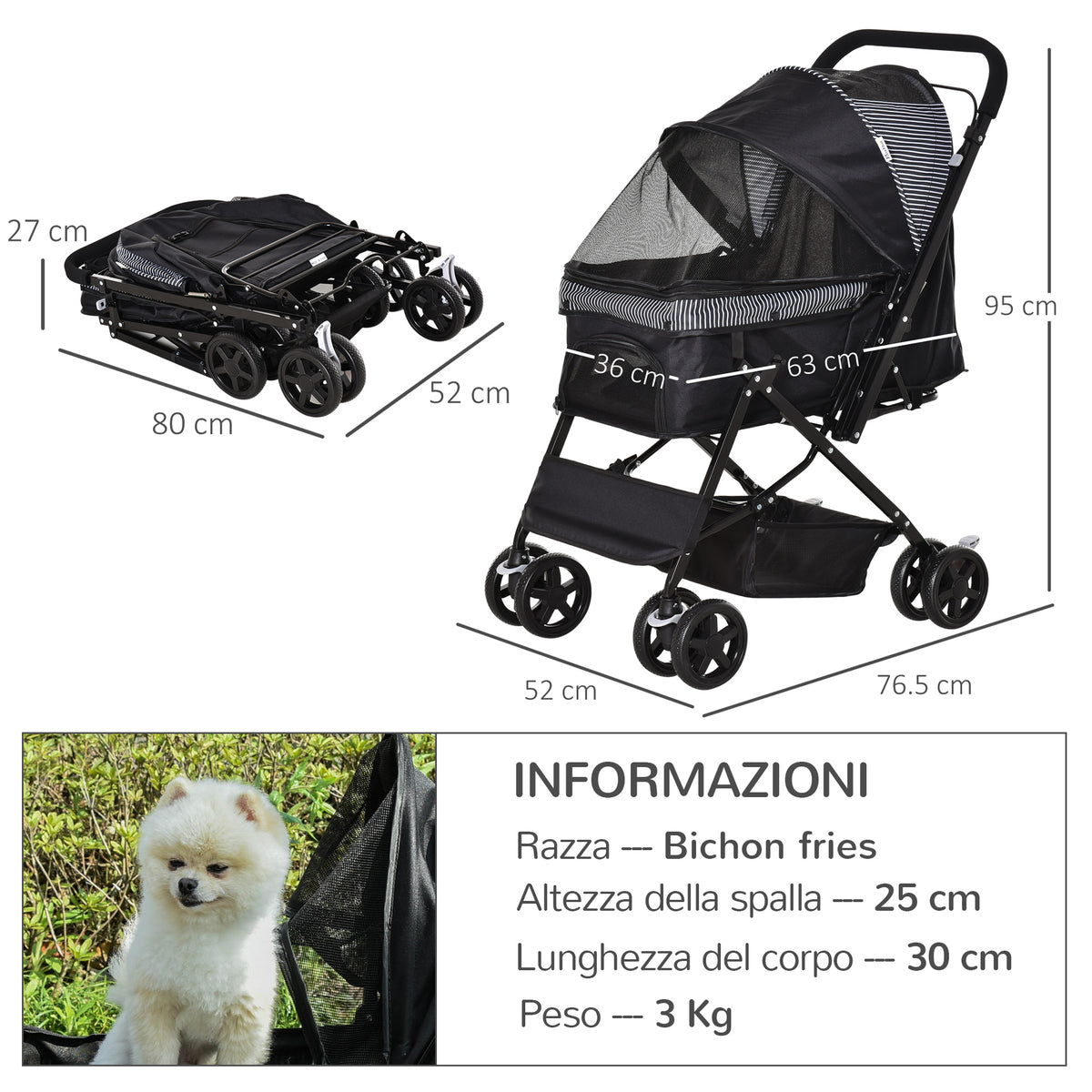 Passeggino per Cani Piccoli Pieghevole con Maniglione Girevole e Cestino Portaoggetti, Nero