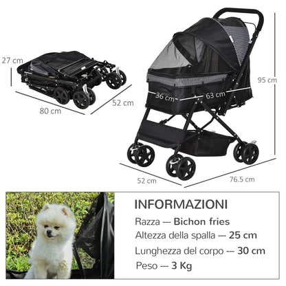 Passeggino per Cani Piccoli Pieghevole con Maniglione Girevole e Cestino Portaoggetti, Nero