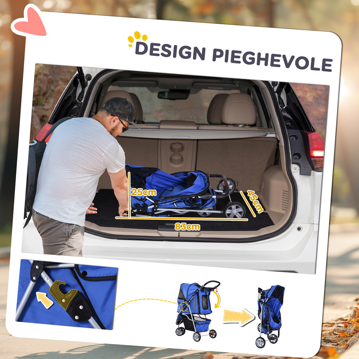 Passeggino per Cani Piccoli Pieghevole, Carrozzina per Cani con Ruote con Freni, Portabicchieri, Cestino Portaoggetti e Imbottitura Rimovibile e Lavabile, per Animali Domestici 10 kg, Blu