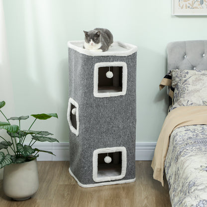 Torre per Gatti con 3 Casette, 3 Palline e Posatoio, in Legno, Tessuto e Peluche, 41x41x100 cm, Grigio e Bianco