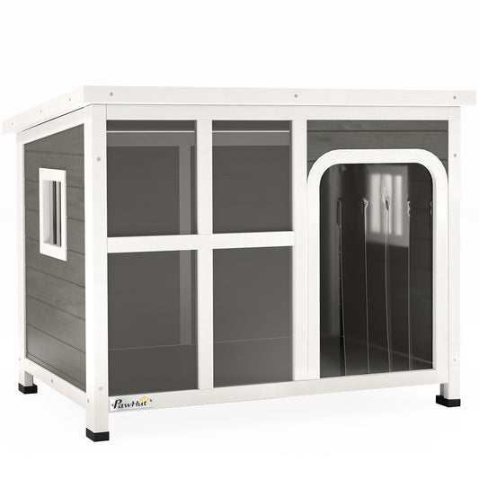 Casetta per Cani con Finestrelle e Ingresso a Tenda, in Legno di Abete, 90x62x71 cm, Grigio Chiaro