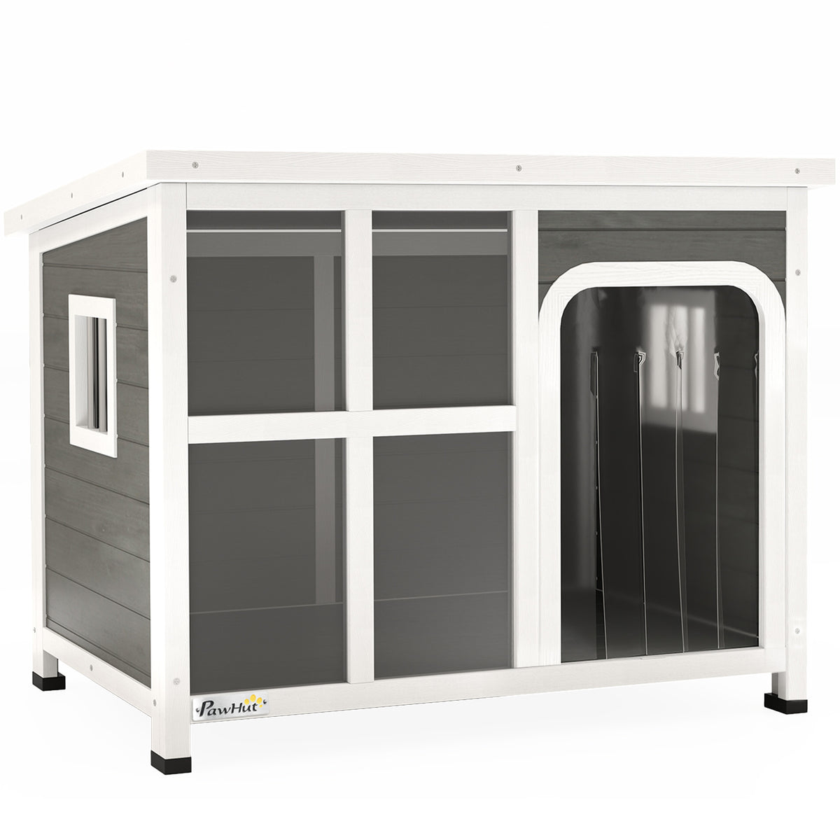Casetta per Cani con Finestrelle e Ingresso a Tenda, in Legno di Abete, 90x62x71 cm, Grigio Chiaro