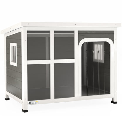 Casetta per Cani con Finestrelle e Ingresso a Tenda, in Legno di Abete, 90x62x71 cm, Grigio Chiaro