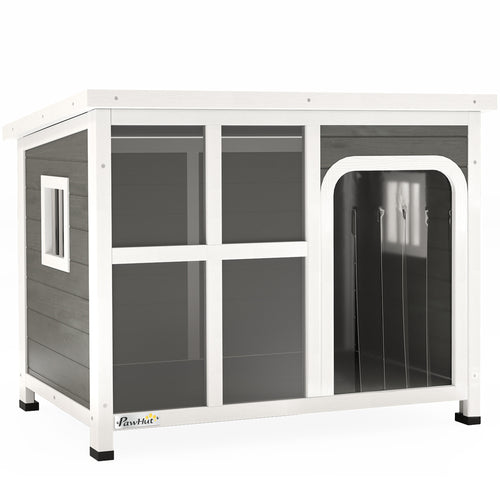 Casetta per Cani con Finestrelle e Ingresso a Tenda, in Legno di Abete, 90x62x71 cm, Grigio Chiaro