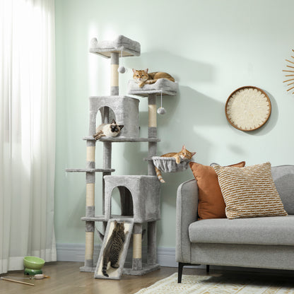 Albero Tiragraffi per Gatti con 2 Casette, 2 Lettini, Trespolo e 2 Palline, 48x40x177 cm, Grigio Chiaro e Beige