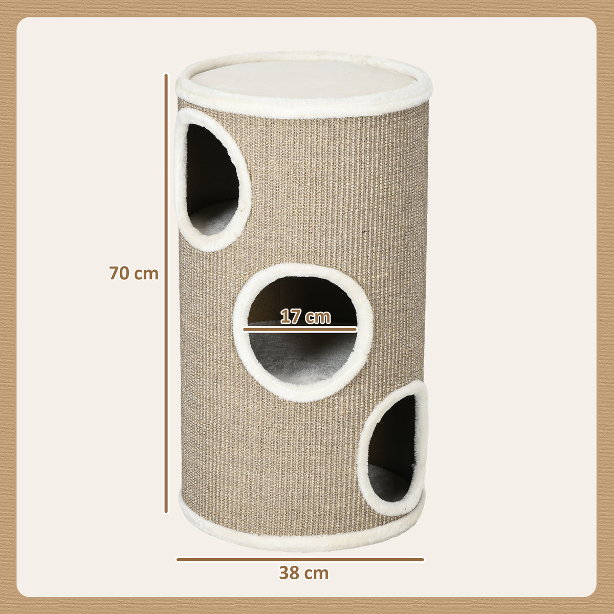 Cuccia per Gatti a 3 Livelli con Tiragraffi in Sisal e Peluche, 38x70cm, Marrone