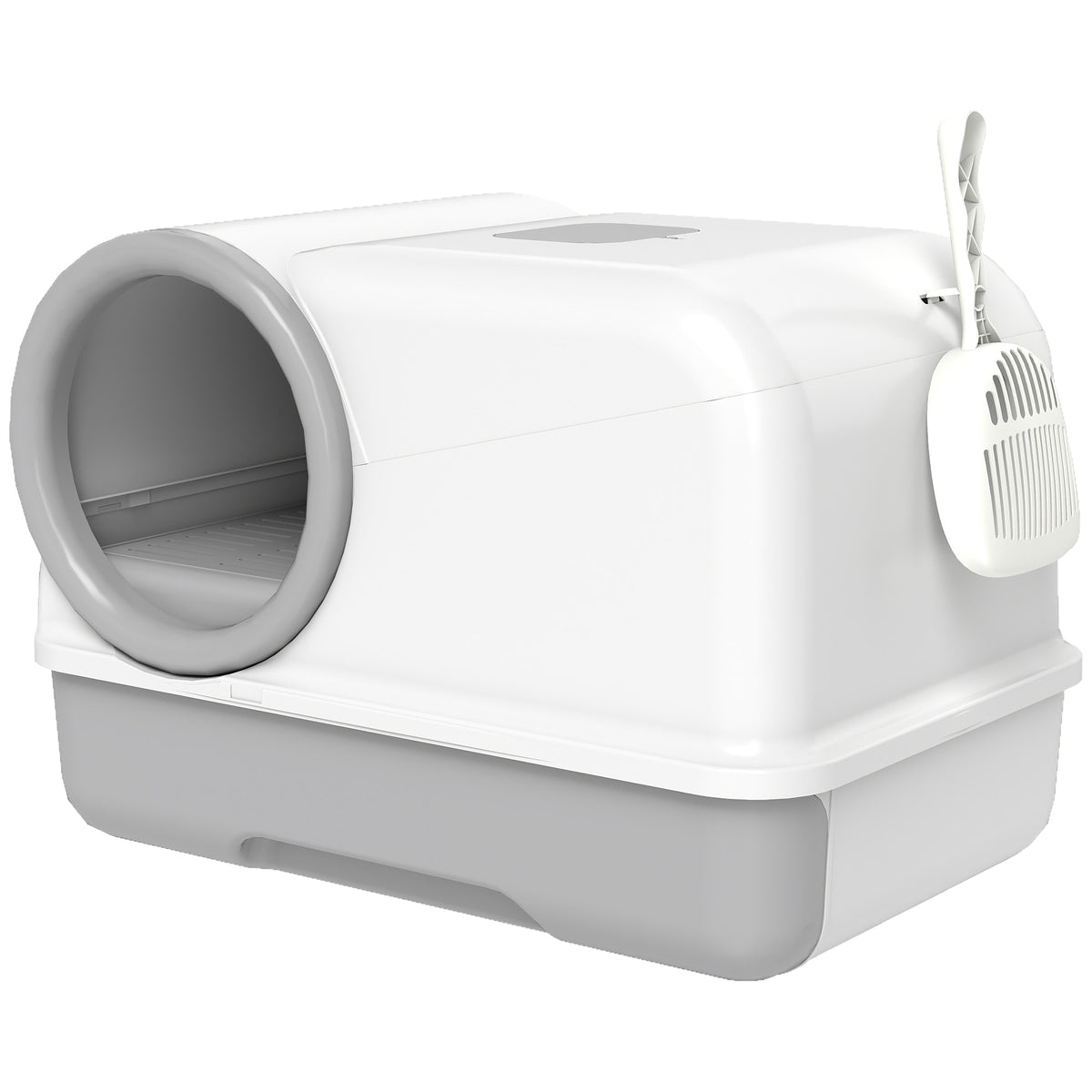 Lettiera per Gatti Chiusa con Vassoio, Paletta e Sacchetti Deodoranti, in PP, 59x39.5x39.5 cm, Bianco e Grigio
