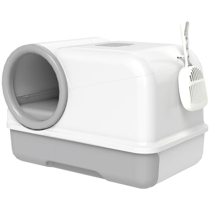Lettiera per Gatti Chiusa con Vassoio, Paletta e Sacchetti Deodoranti, in PP, 59x39.5x39.5 cm, Bianco e Grigio