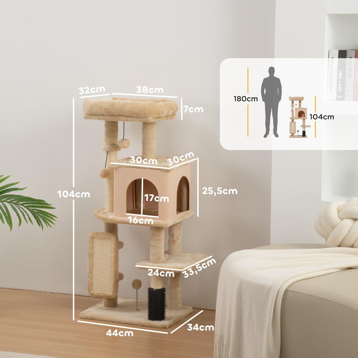Albero per Gatti Multilivello Alto 104 cm con Casetta, Lettino, Pali Tiragraffi, Spazzola e Pallina, Beige