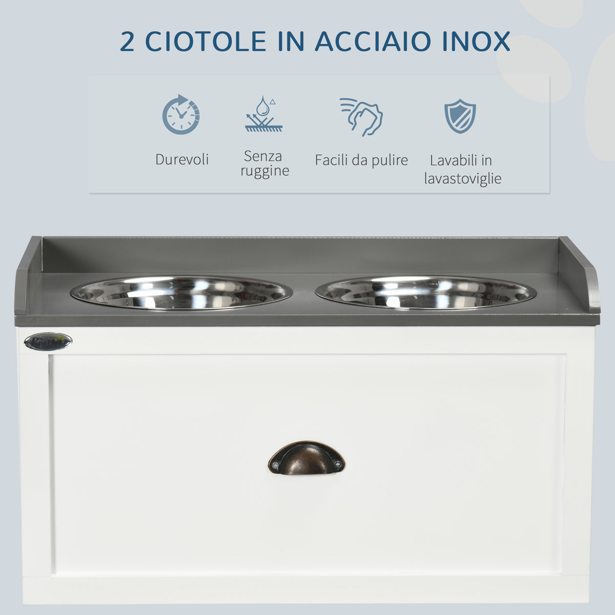 Ciotole per Cani Rialzate in Acciaio Inox e Legno con Cassetto, 60x30x36cm, Bianco e Grigio