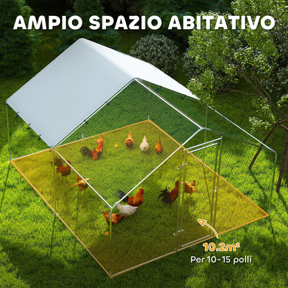 Recinto per Galline da 10.2m per 10-15 Galline con Tetto Impermeabile, in Acciaio e Tessuto, 3x3.4x1.9 m, Argento