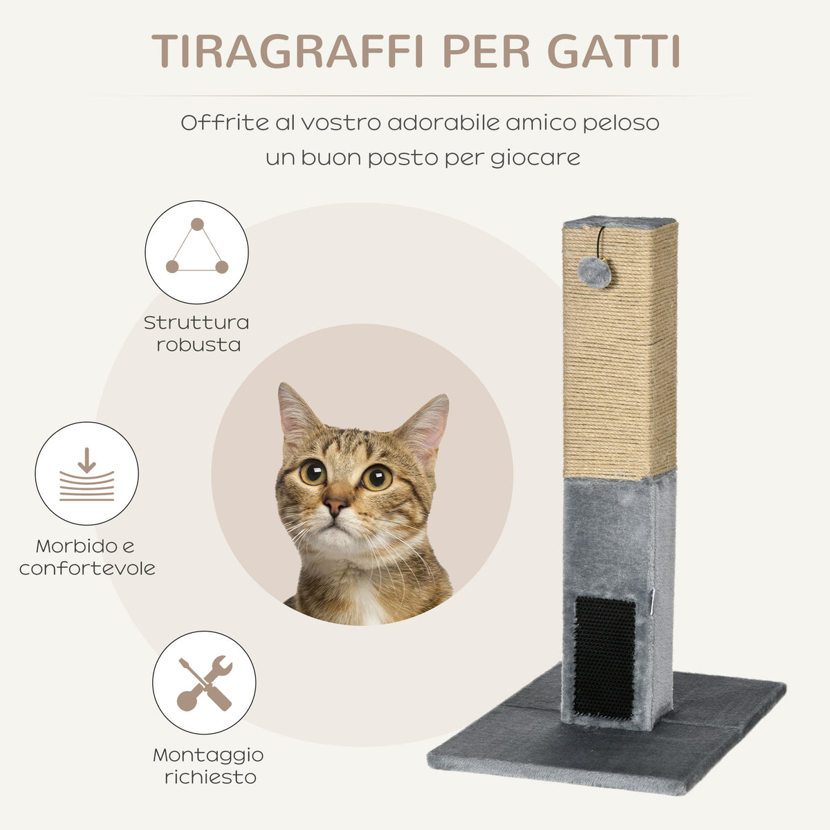 Albero Tiragraffi per Gatti con 2 Palline Giocattolo e Spazzola, in Legno, Iuta e Peluche, 59.5x39x79 cm, Grigio