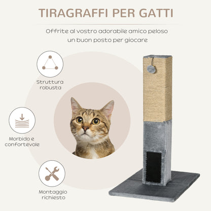 Albero Tiragraffi per Gatti con 2 Palline Giocattolo e Spazzola, in Legno, Iuta e Peluche, 59.5x39x79 cm, Grigio