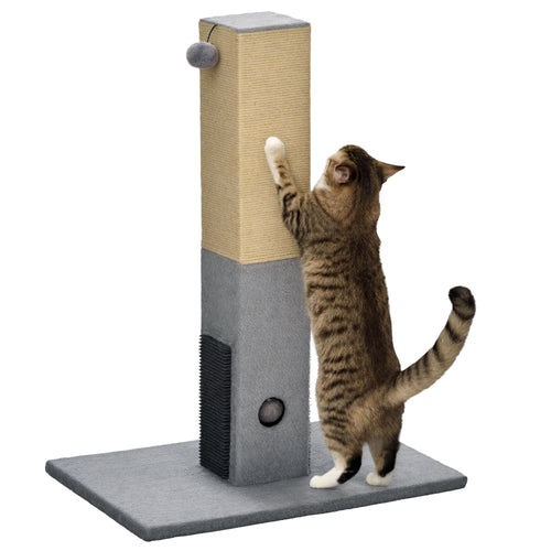 Albero Tiragraffi per Gatti con 2 Palline Giocattolo e Spazzola, in Legno, Iuta e Peluche, 59.5x39x79 cm, Grigio