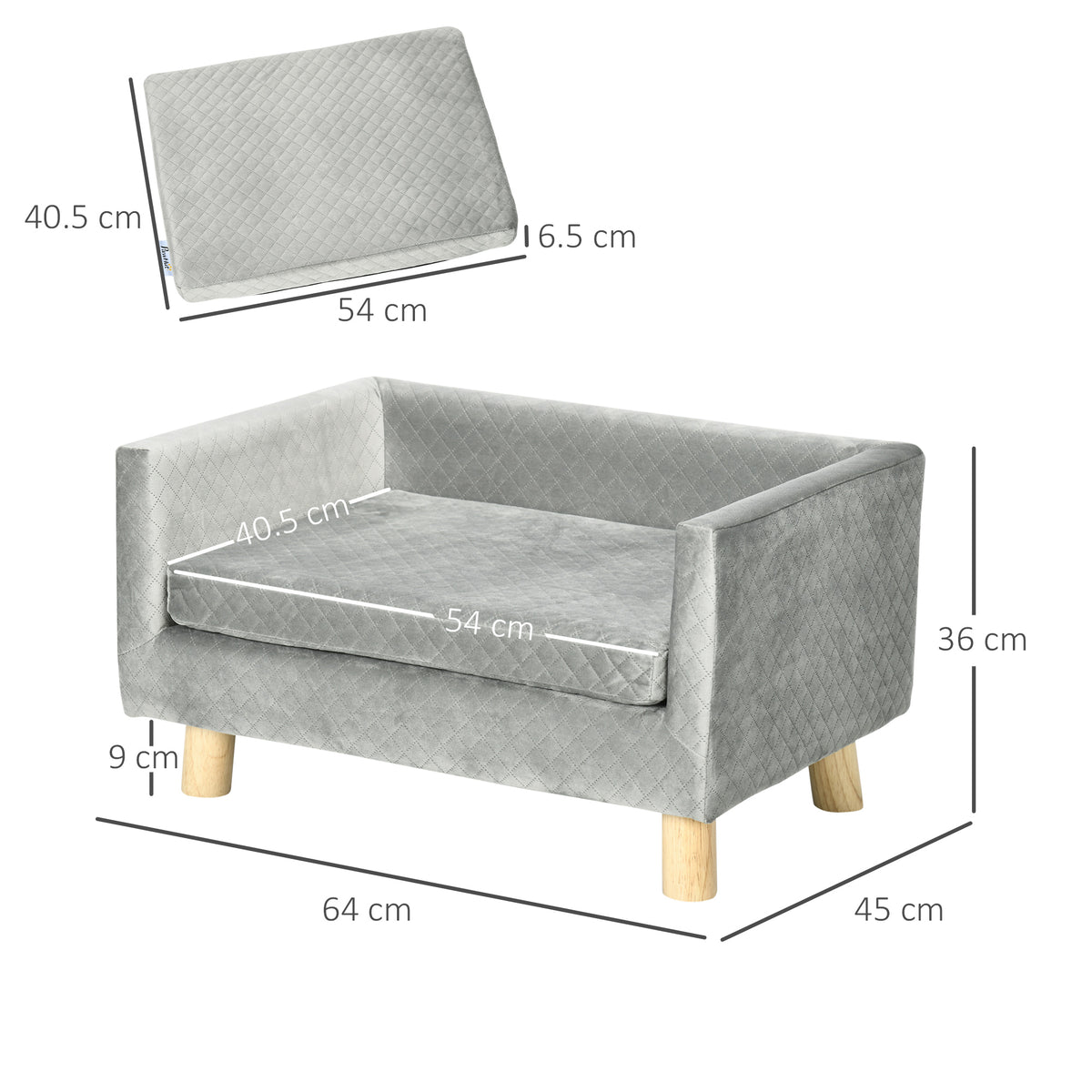 Divanetto per Cani e Gatti Stile Scandinavo con Cuscino Imbottito in Velluto e Legno, 64x45x36cm, Grigio