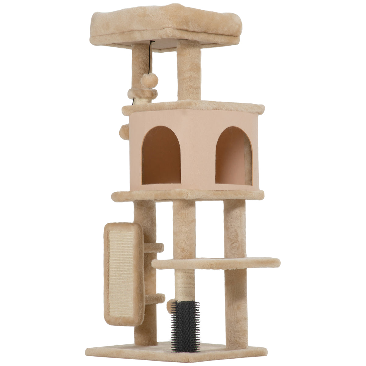 Albero per Gatti Multilivello Alto 104 cm con Casetta, Lettino, Pali Tiragraffi, Spazzola e Pallina, Beige