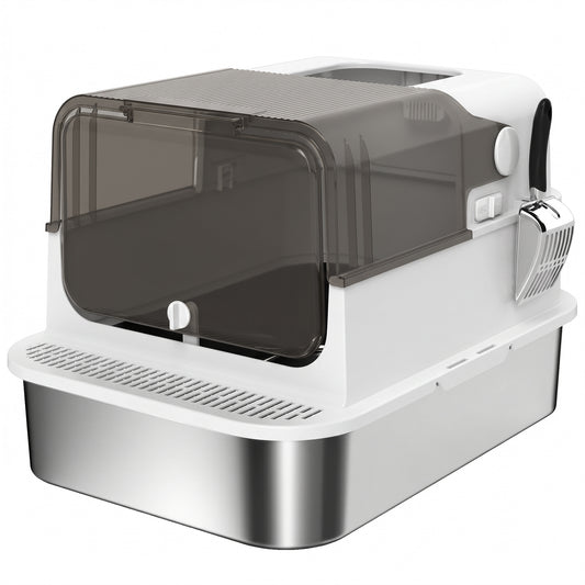 Lettiera Gatto Chiusa in Acciaio Inox 52L con Coperchio Ribaltabile, Doppia Porta, Paletta, Bianco