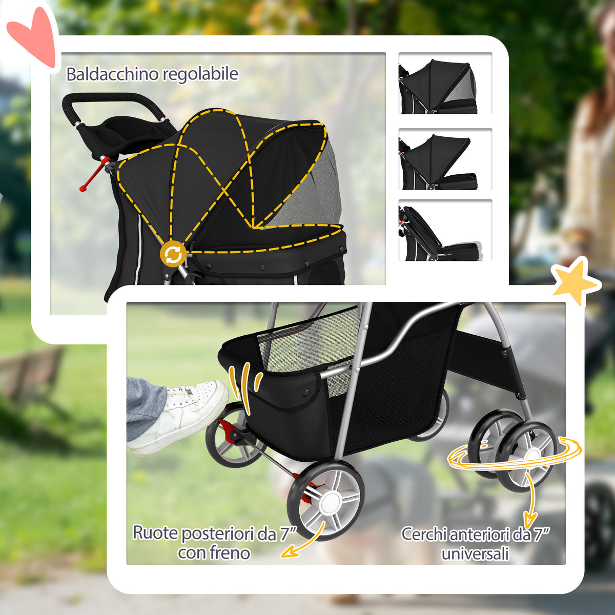 Passeggino per Cani Pieghevole con Cestino e Portabicchiere, Peso Max. 10 kg, 77x44x102 cm, Nero