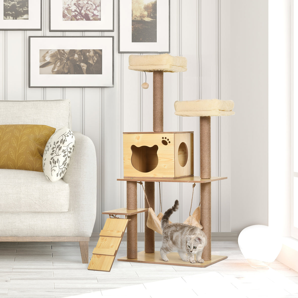 Albero Tiragraffi per Gatti con Casetta, 2 Lettini, Amaca e Pallina, in Legno, Poliestere e Sisal, 60x40x130 cm