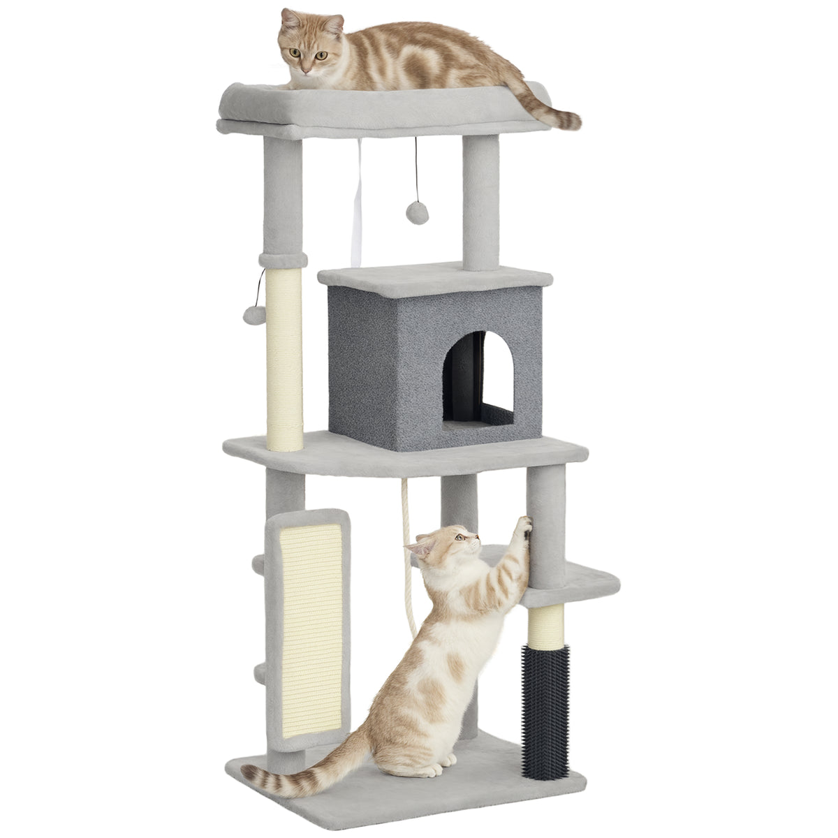 Albero per Gatti Multilivello Alto 132 cm con Casetta, Lettino, Pali Tiragraffi, Spazzola e Pallina, Grigio