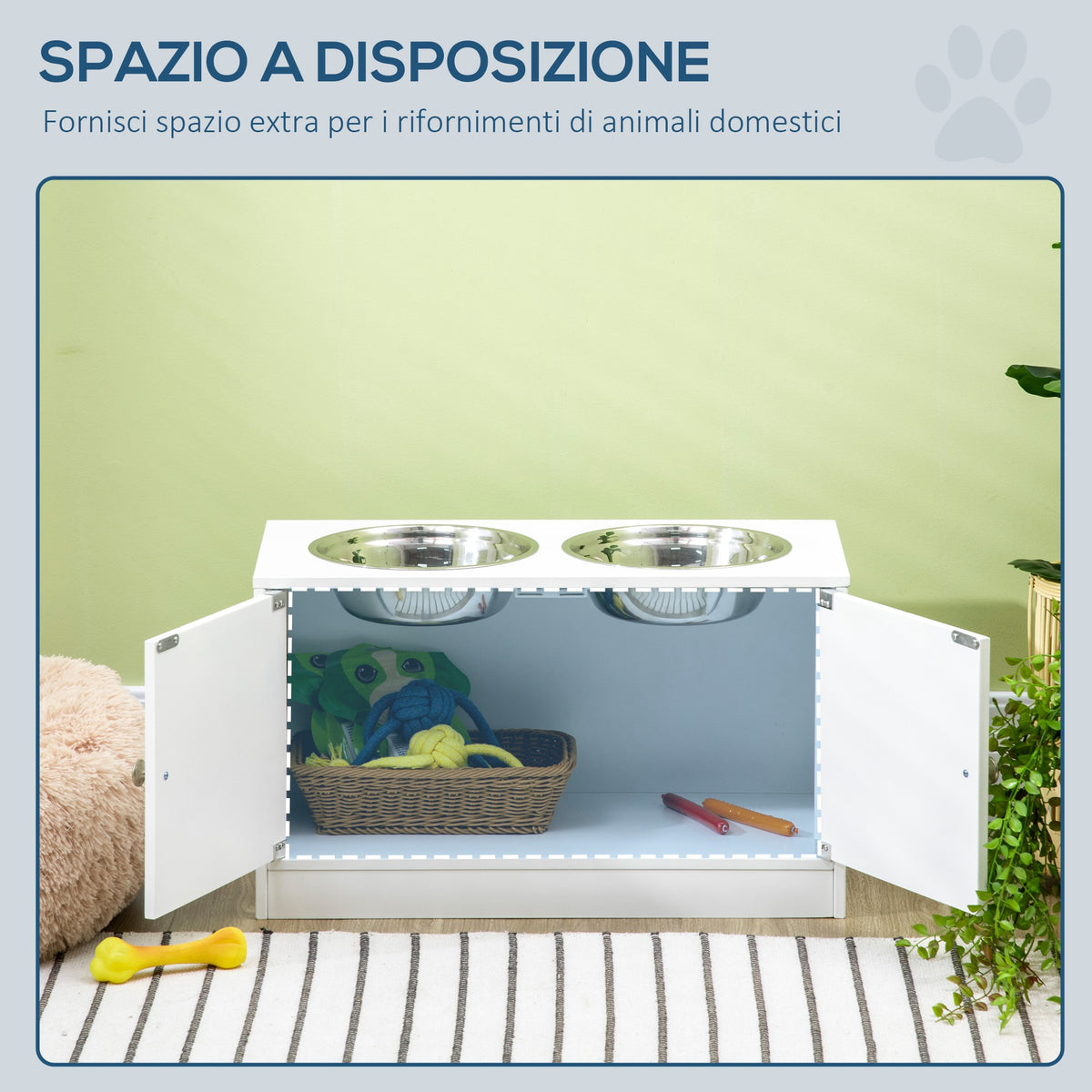 Ciotole per Cani Rialzate con Armadietto da 44L e 2 Ciotole in Acciaio, 60x30x35.5cm, Bianco