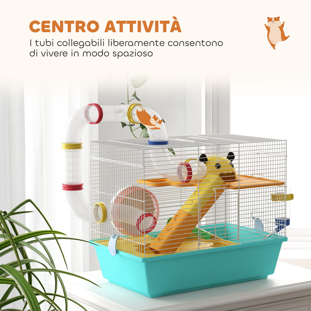 Gabbia per Criceti con Ruota, Casetta, Ciotola, Rampe e Serbatoio, in Acciaio, PS e PP, 45x28x37 cm, Bianco e Azzurro