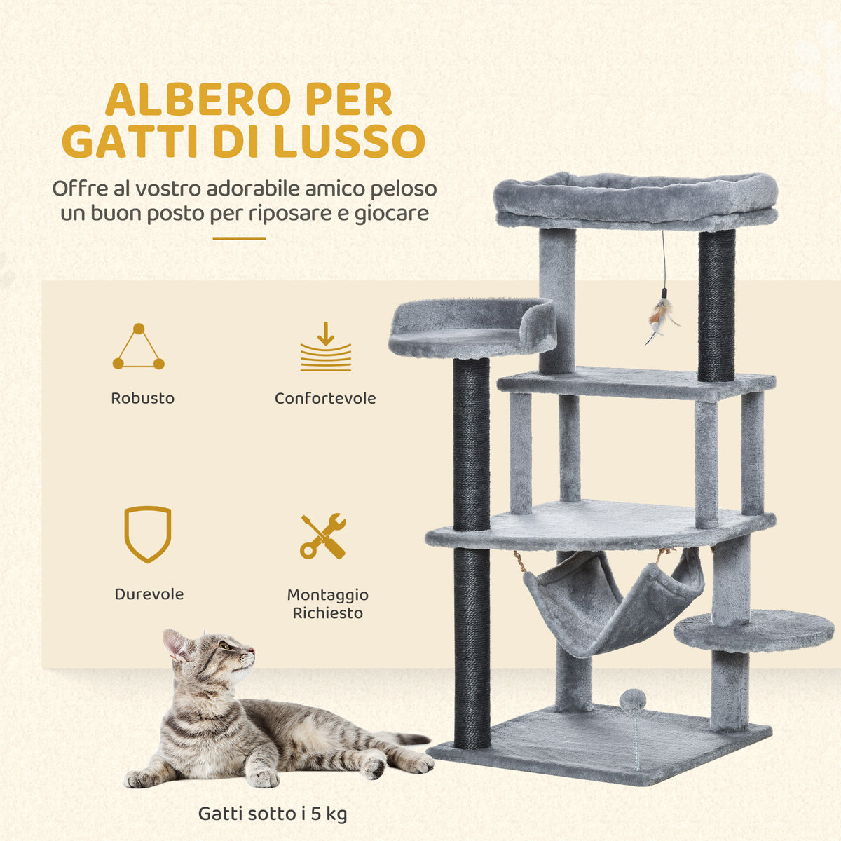 Albero Tiragraffi per Gatti con Palo, Casetta, Letto, Amaca e 2 Giochi in Legno e Peluche, 48x48x107 cm, Grigio