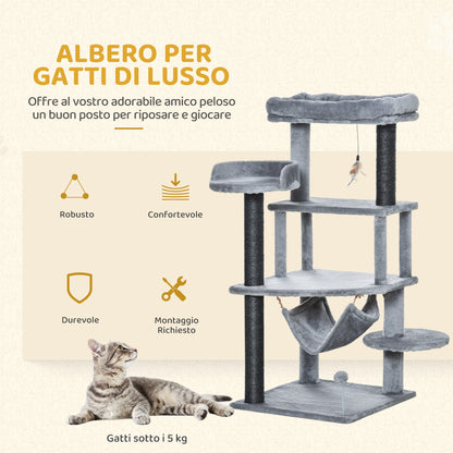 Albero Tiragraffi per Gatti con Palo, Casetta, Letto, Amaca e 2 Giochi in Legno e Peluche, 48x48x107 cm, Grigio