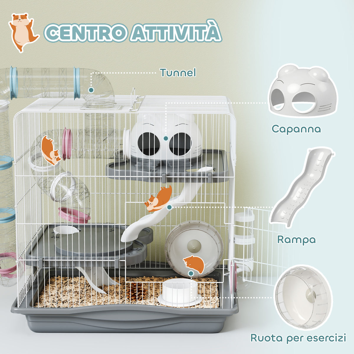 Gabbia per Criceti a 3 Livelli e 14 Tubi con Casetta, Rampa, e Accessori, in Metallo e Plastica, 45x30x45 cm, Grigio