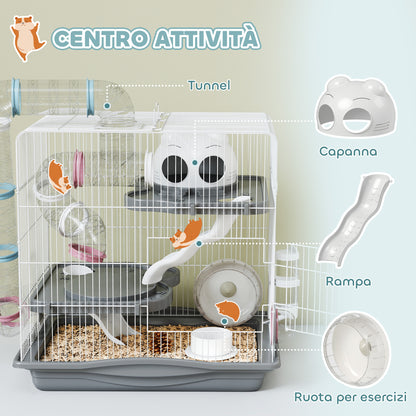 Gabbia per Criceti a 3 Livelli e 14 Tubi con Casetta, Rampa, e Accessori, in Metallo e Plastica, 45x30x45 cm, Grigio