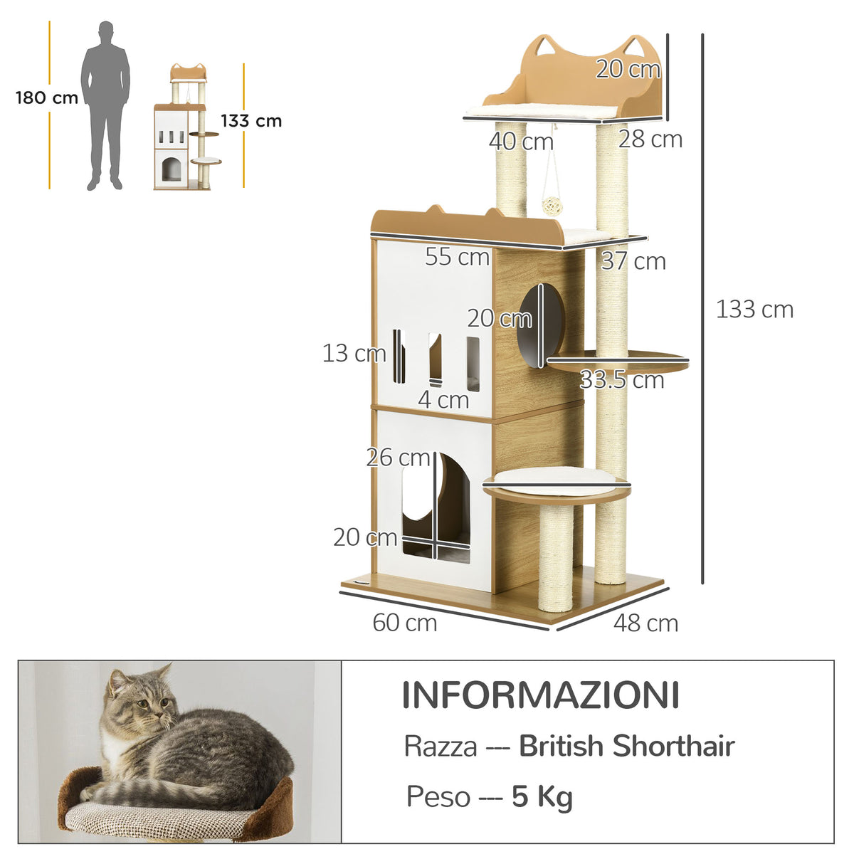 Albero per Gatti in MDF con Tiragraffi per Gatti, 2 Casette per Gatti, Posatoi e Pallina da Gioco, 60x48x133 cm