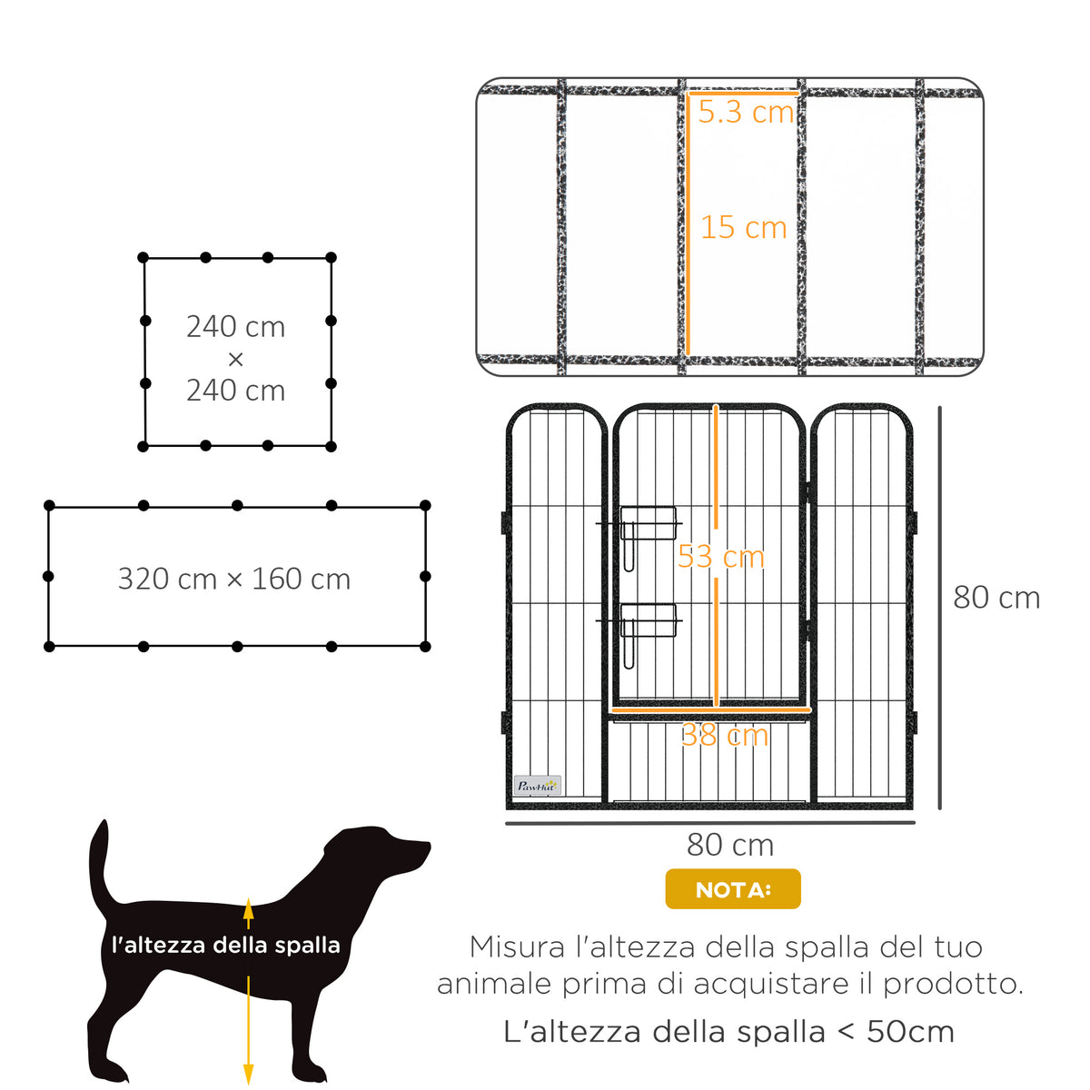 Recinto per Cani a 12 Pannelli Modulabili da 80x1.5x80 cm, Pieghevole con Porta in Acciaio, 12 Picchetti, Grigio