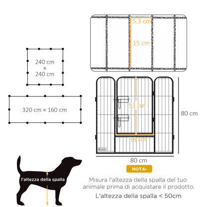 Recinto per Cani a 12 Pannelli Modulabili da 80x1.5x80 cm, Pieghevole con Porta in Acciaio, 12 Picchetti, Grigio