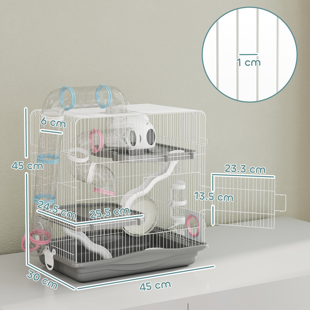 Gabbia per Criceti a 3 Livelli e 14 Tubi con Casetta, Rampa, e Accessori, in Metallo e Plastica, 45x30x45 cm, Grigio