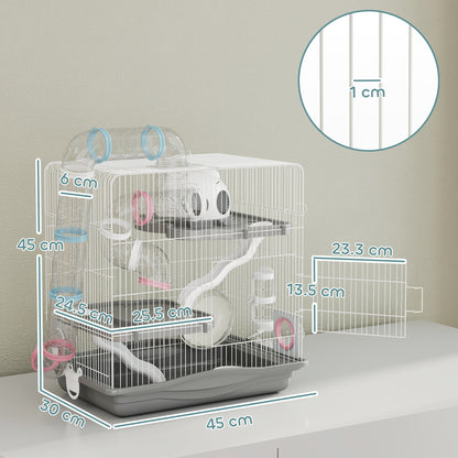 Gabbia per Criceti a 3 Livelli e 14 Tubi con Casetta, Rampa, e Accessori, in Metallo e Plastica, 45x30x45 cm, Grigio