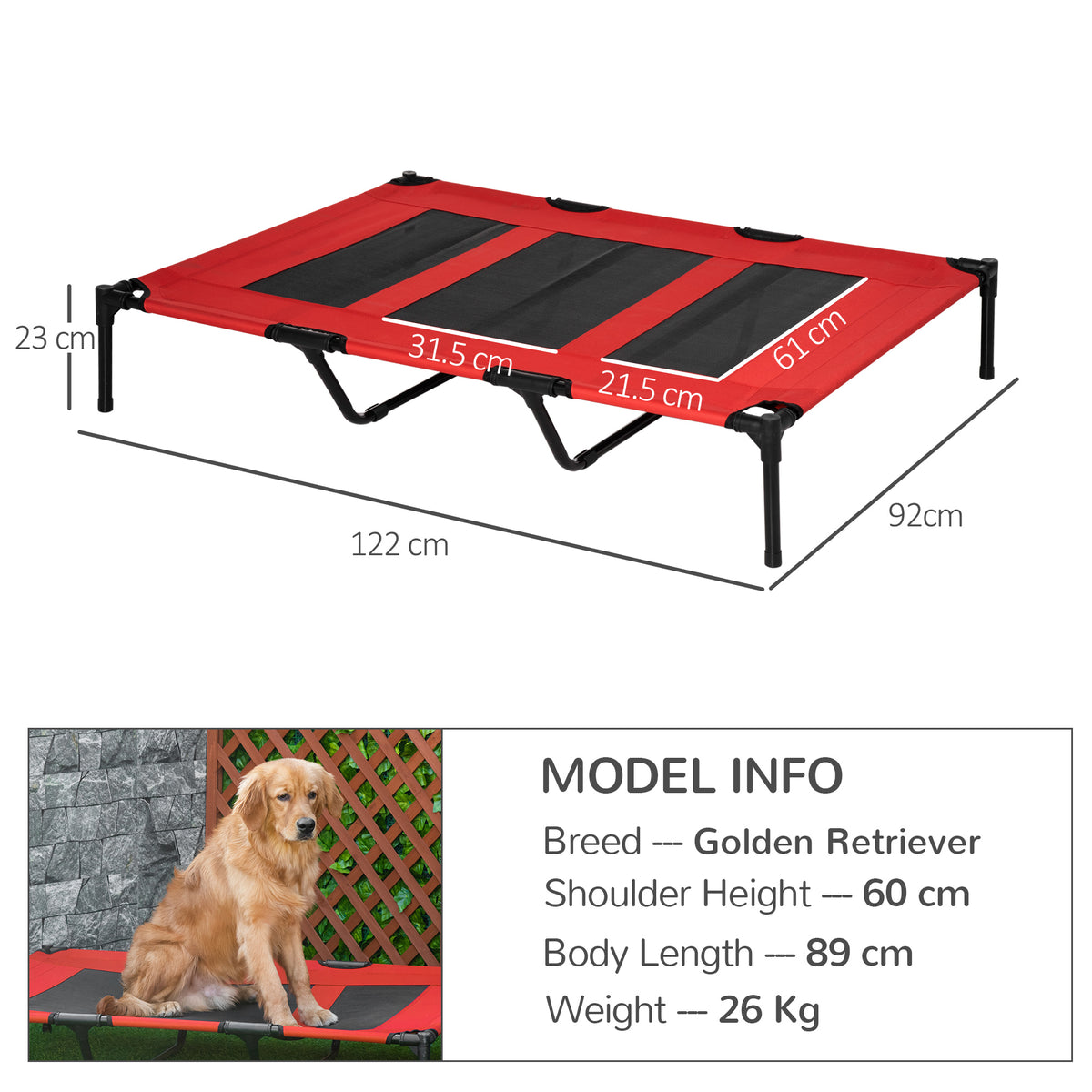 Lettino per Cani 50kg max Rialzato con Borsa da Viaggio, in Metallo e Tessuto Oxford, 122x92x23 cm, Rosso