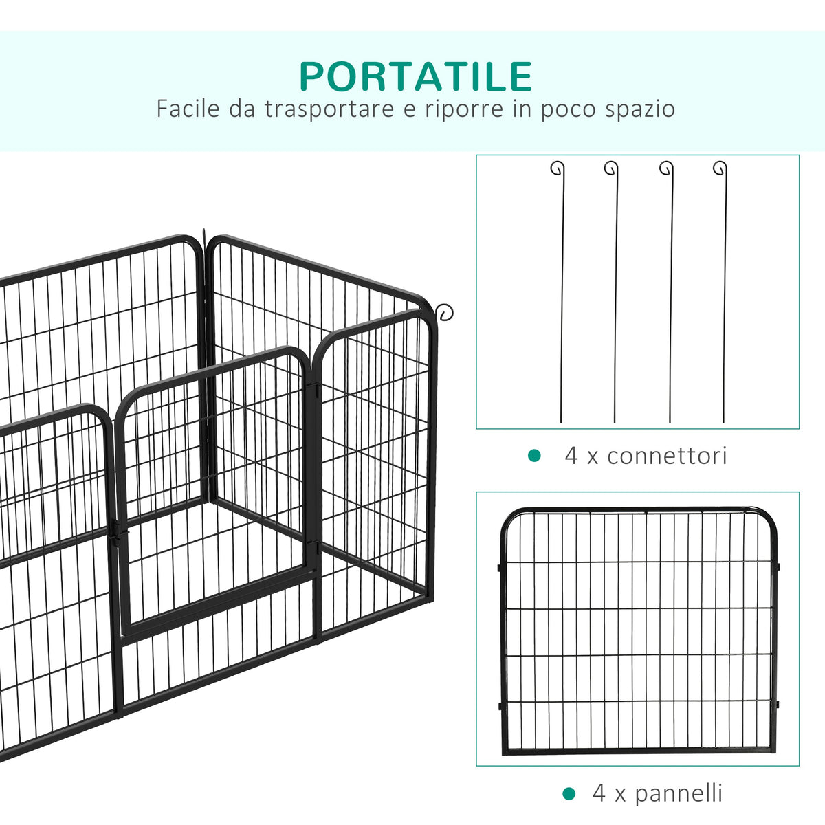 Recinto per Cani di Piccoli Taglia da Interno ed Esterno, Recinzione per Animali Domestici con Rete 6 pz in Acciaio e Metallo, 125x80x70 cm, Nero