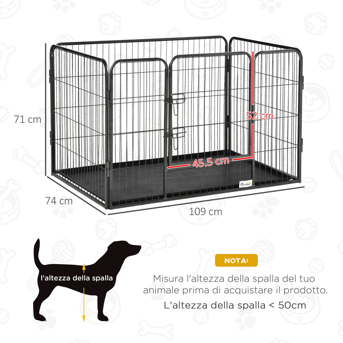 Box per Cani in Metallo con Porta e Vassoio sul Fondo, 109x74x71cm, Grigio