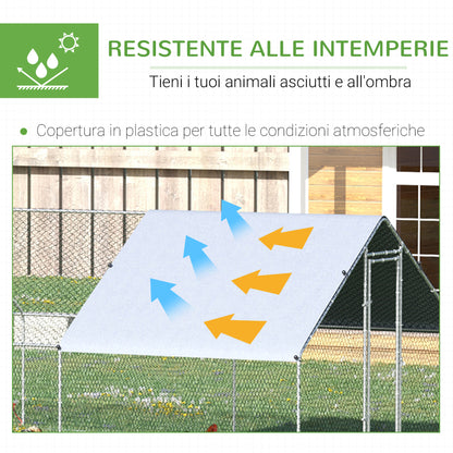 Pollaio da Giardino con Telaio Zincato, Copertura Impermeabile e Rete Esagonale, 3x8x2 m, Argento