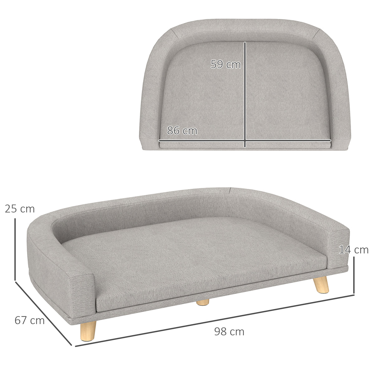 Divano per Cani di Taglia Grande con Cuscino Sfoderabile, in Poliestere e Legno, 98x67x25 cm, Grigio