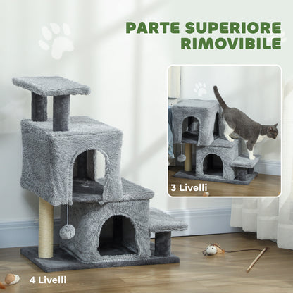 Scaletta per Gatti a 4 Gradini Regolabile in Altezza con 2 Casette, Palo Tiragraffi e Pallina, Grigio