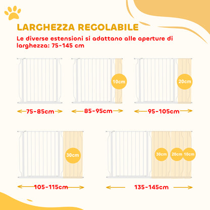Cancelletto di Sicurezza per Cani in Acciaio e ABS, Estensibile 75-145cm per Scale e Porte, Bianco