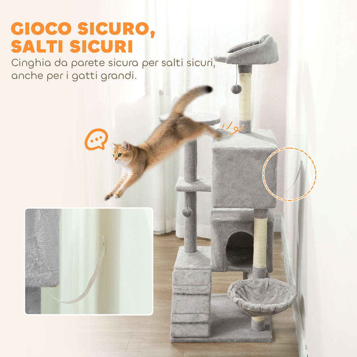 Albero Tiragraffi per Gatti con 2 Casette, Amaca, Lettino e Pali in Sisal, 48x48x160 cm, Grigio